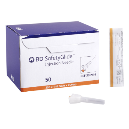 NEEDLE HYPO BD 25G x 1" SAFETY GL BX/100