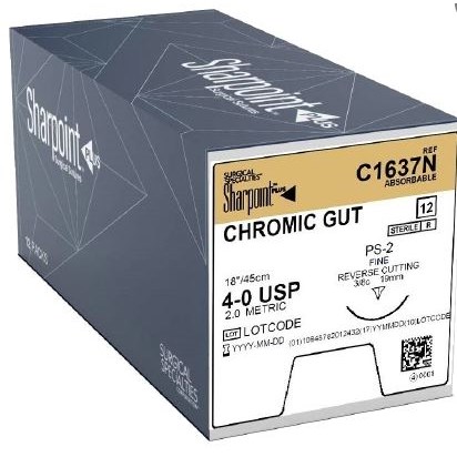 SUTURE 4/0 18" CHROMIC GUT 19MM