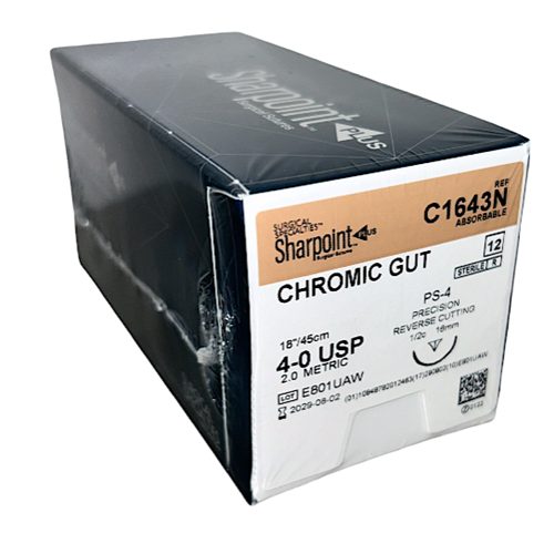 SUTURE 4/0 45CM CHROMIC GUT PS-4 16MM