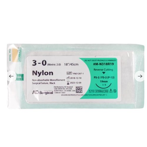 SUTURE 3/0 18" NYLON 19MM AD SURGICAL