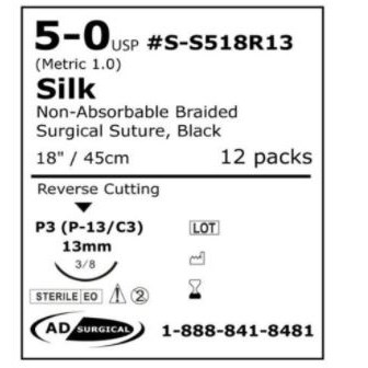 SUTURE 5/0 18" SILK SMALL 13MM AD SURG